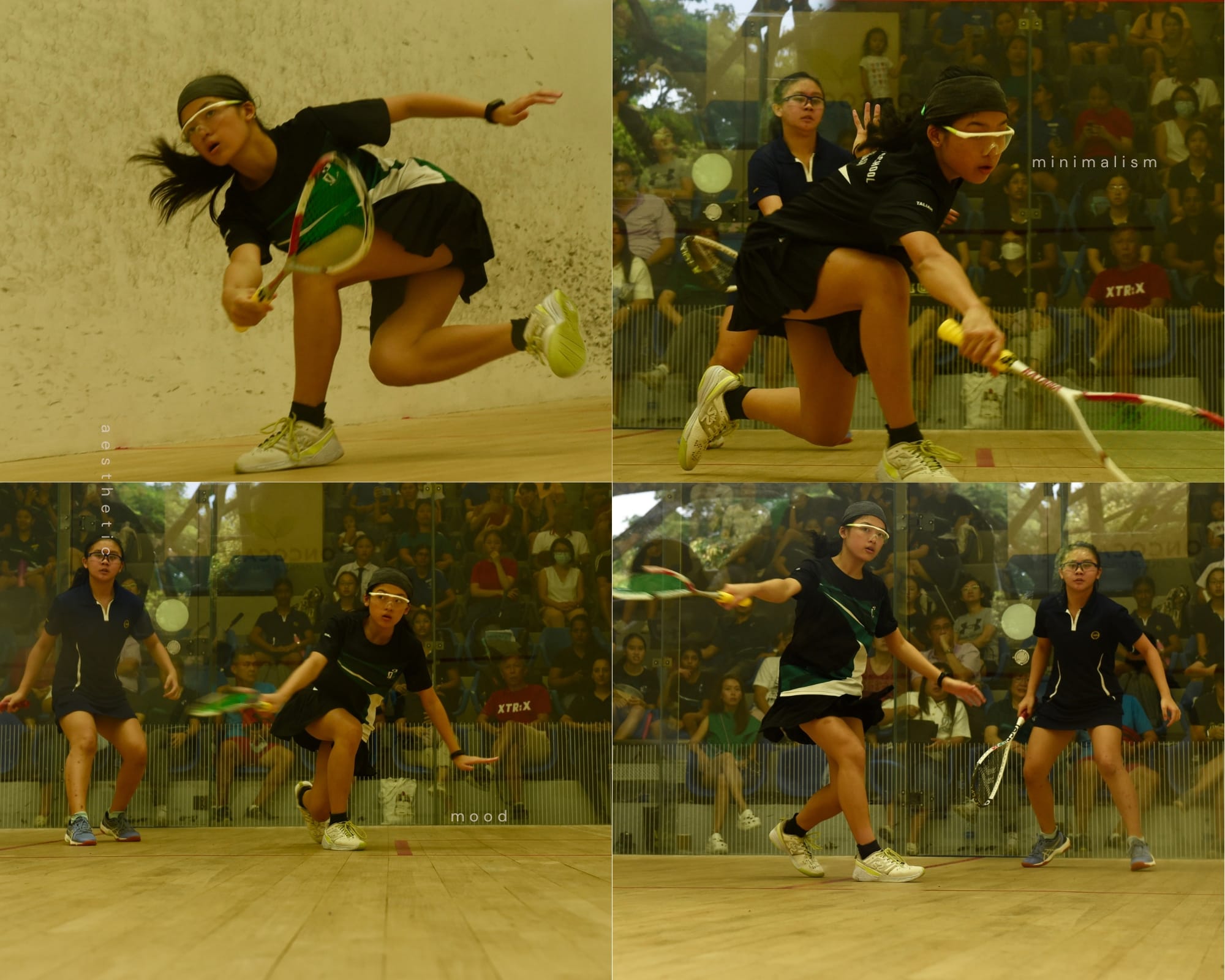 Four-panel collage of two young women playing squash on a court, mid-action with rackets, crowd visible behind glass.
